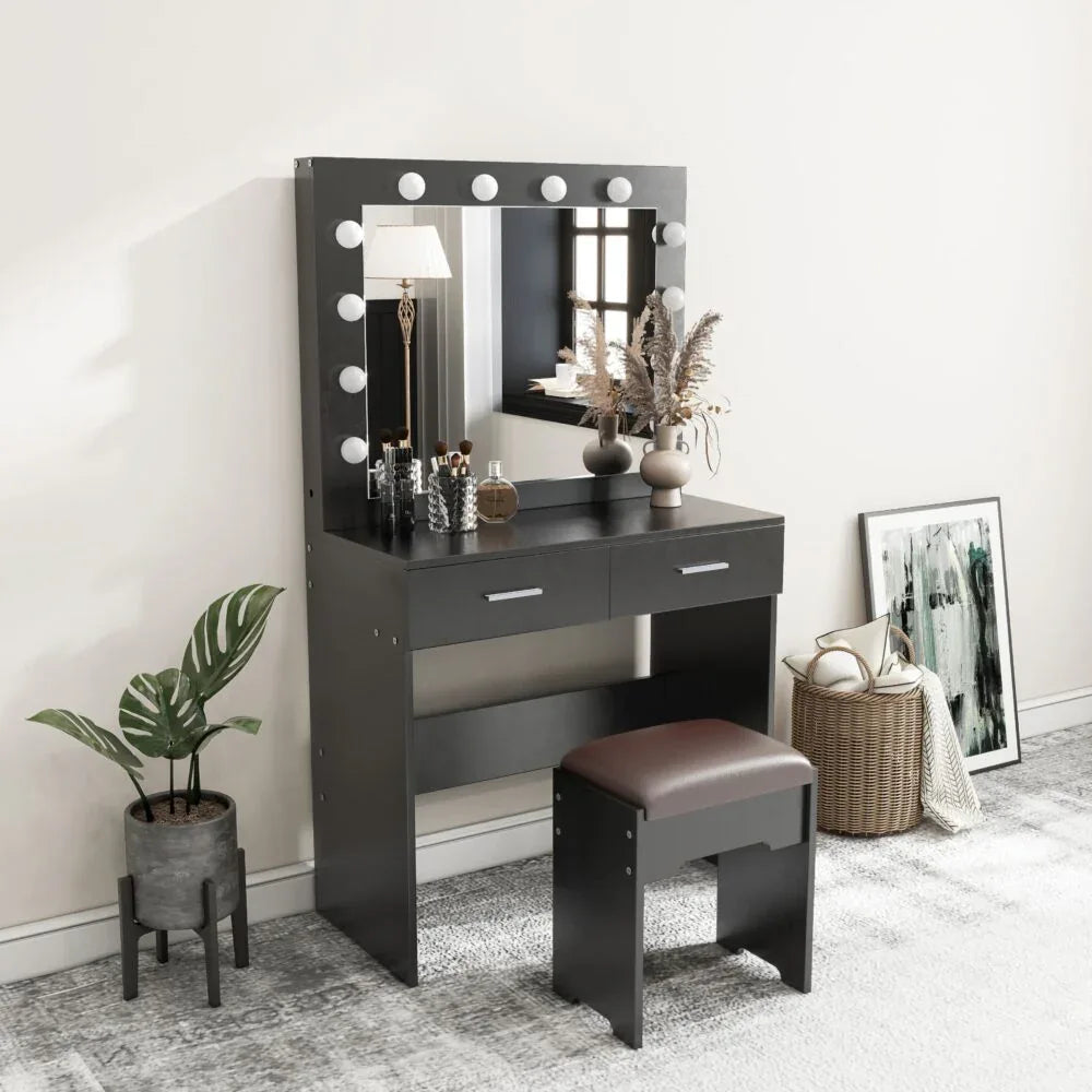 Fidel Vanity Set with Cushioned Stool and Lighted Mirror- Black - Mekamart Australia