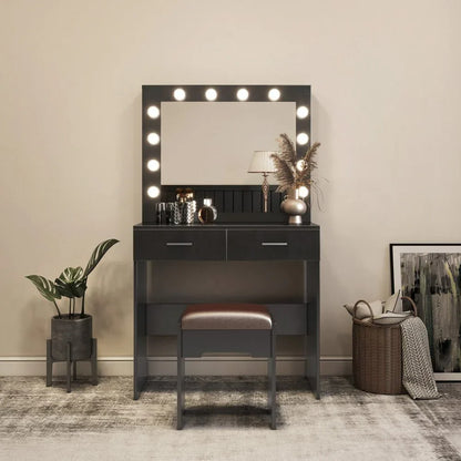 Fidel Vanity Set with Cushioned Stool and Lighted Mirror- Black - Mekamart Australia