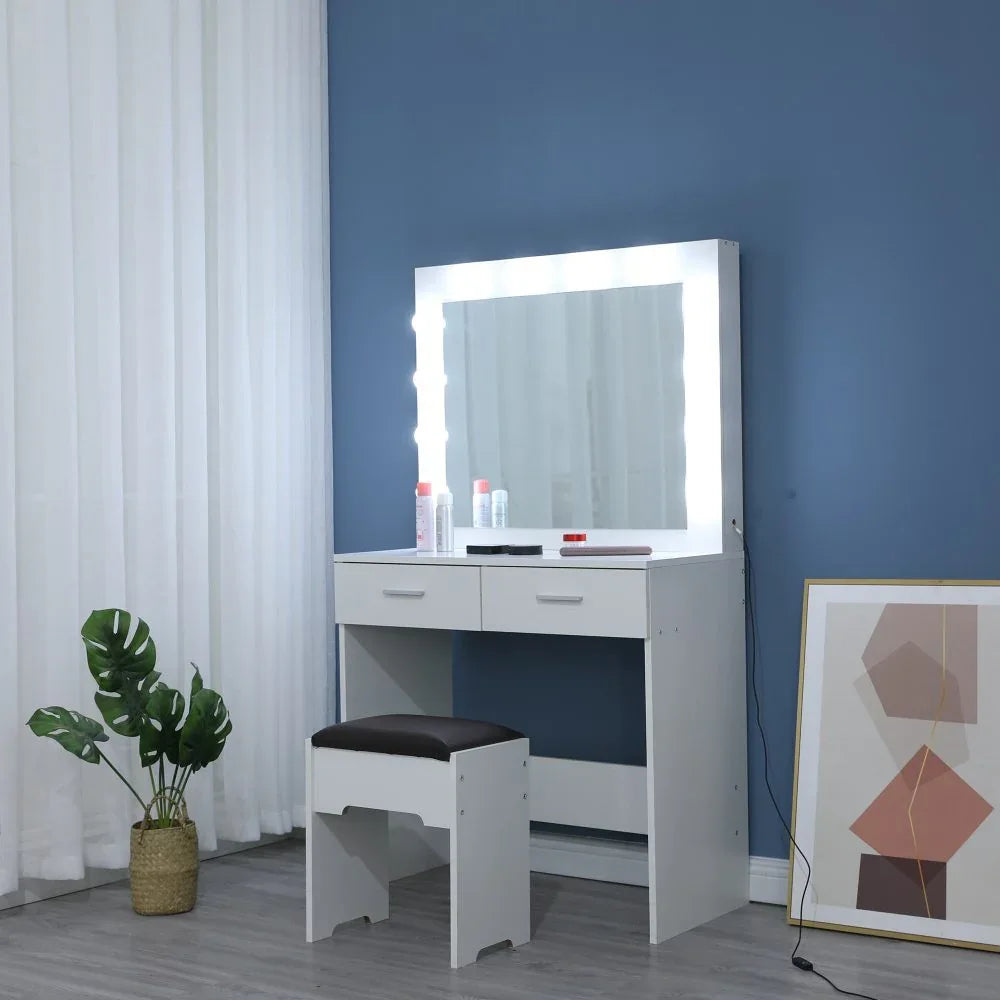 Fidel Vanity Set with Cushioned Stool and Lighted Mirror- White - Mekamart Australia