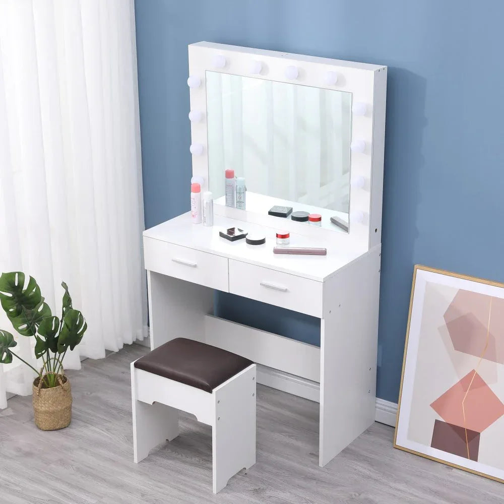Fidel Vanity Set with Cushioned Stool and Lighted Mirror- White - Mekamart Australia