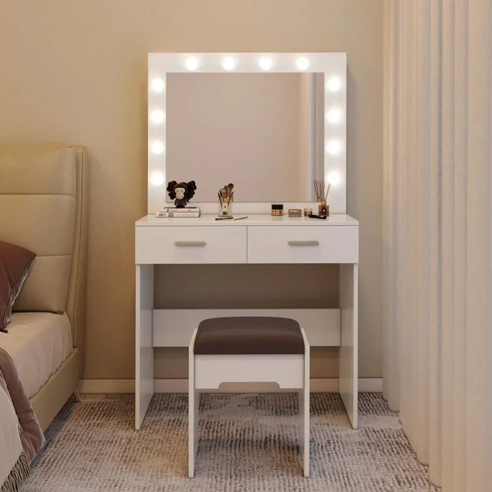 Fidel Vanity Set with Cushioned Stool and Lighted Mirror- White - Mekamart Australia