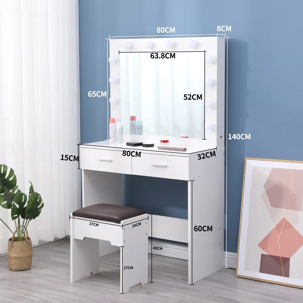 Fidel Vanity Set with Cushioned Stool and Lighted Mirror- White - Mekamart Australia