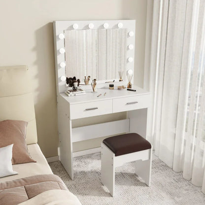 Fidel Vanity Set with Cushioned Stool and Lighted Mirror- White - Mekamart Australia