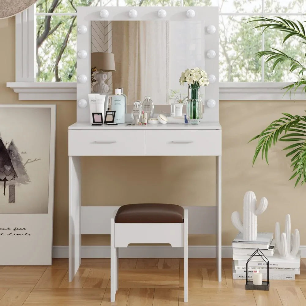Fidel Vanity Set with Cushioned Stool and Lighted Mirror- White - Mekamart Australia