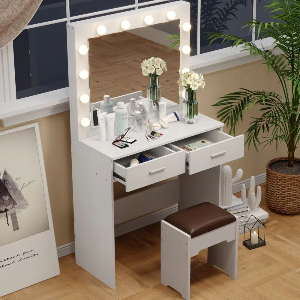 Fidel Vanity Set with Cushioned Stool and Lighted Mirror- White - Mekamart Australia