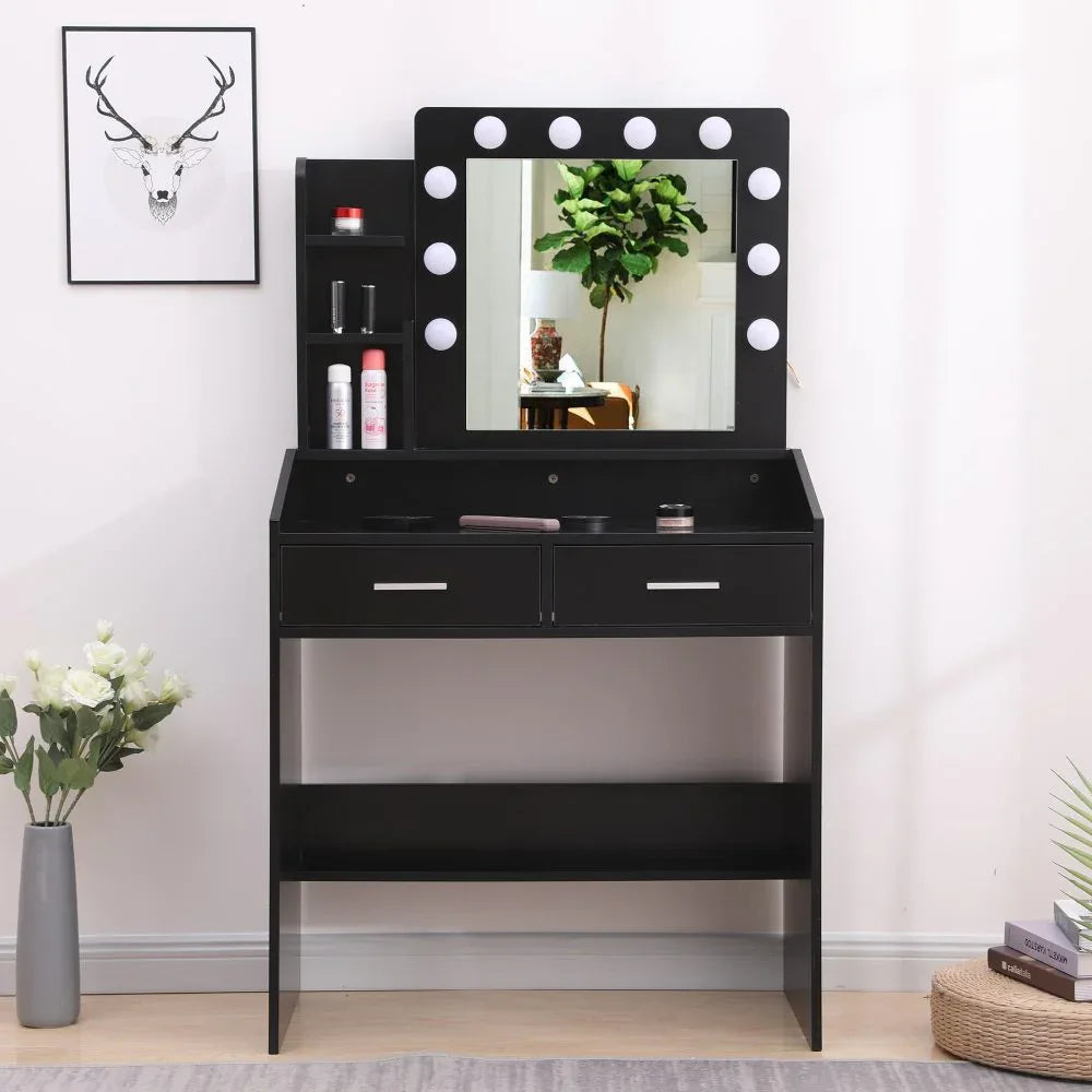 Diana Vanity Set with Shelves Cushioned Stool and Lighted Mirror- Black - Mekamart Australia