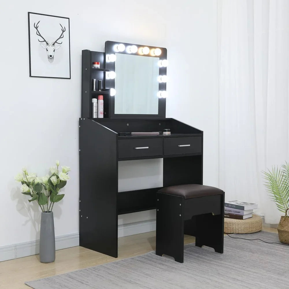 Diana Vanity Set with Shelves Cushioned Stool and Lighted Mirror- Black - Mekamart Australia