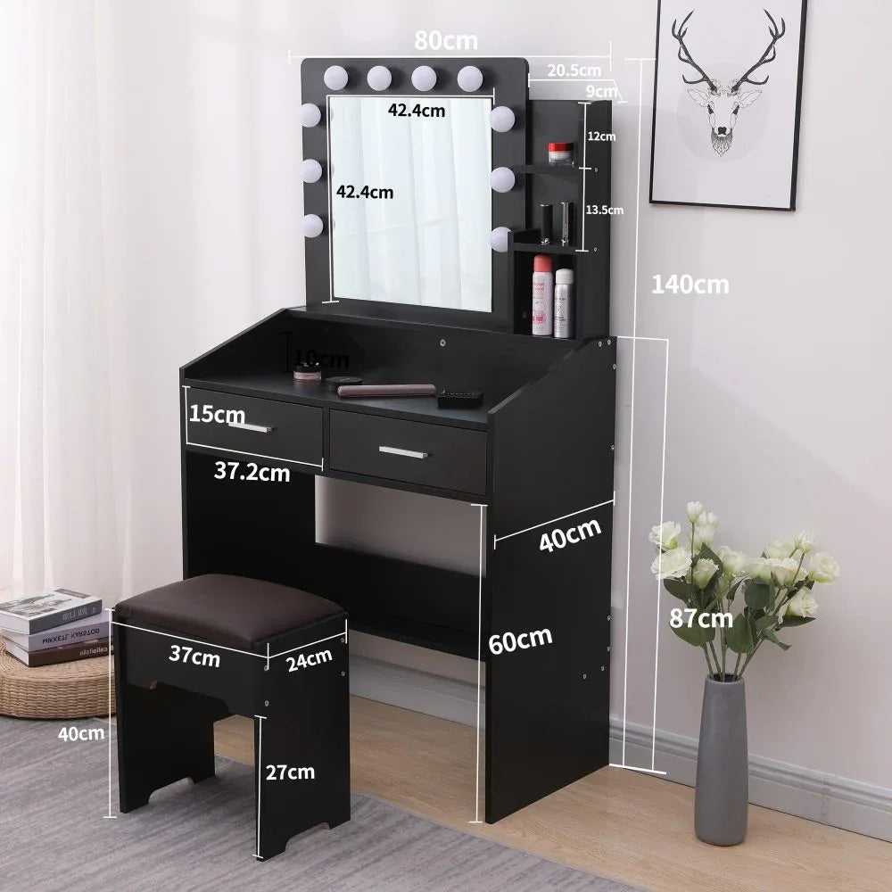 Diana Vanity Set with Shelves Cushioned Stool and Lighted Mirror- Black - Mekamart Australia