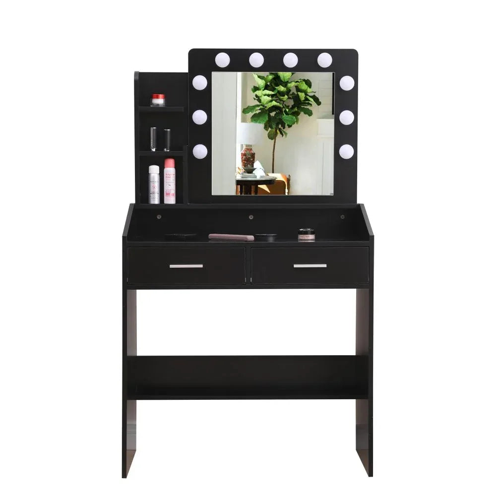 Diana Vanity Set with Shelves Cushioned Stool and Lighted Mirror- Black - Mekamart Australia