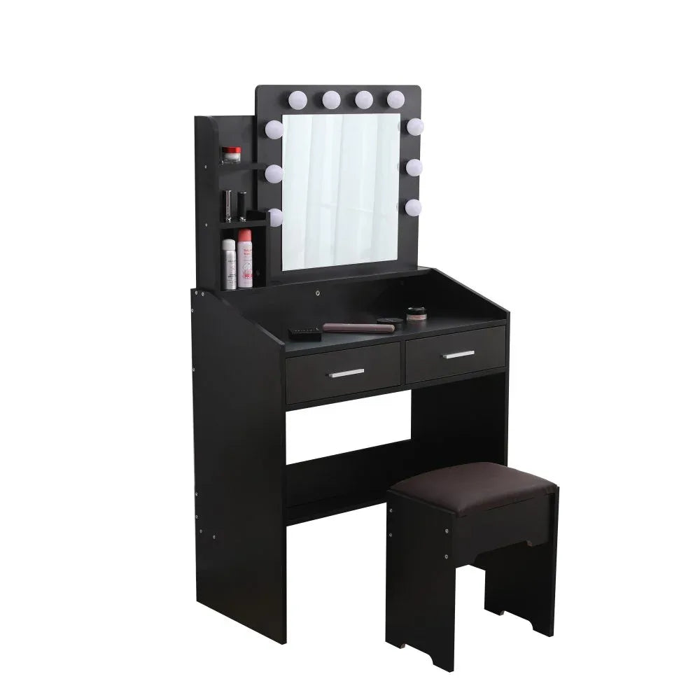 Diana Vanity Set with Shelves Cushioned Stool and Lighted Mirror- Black - Mekamart Australia