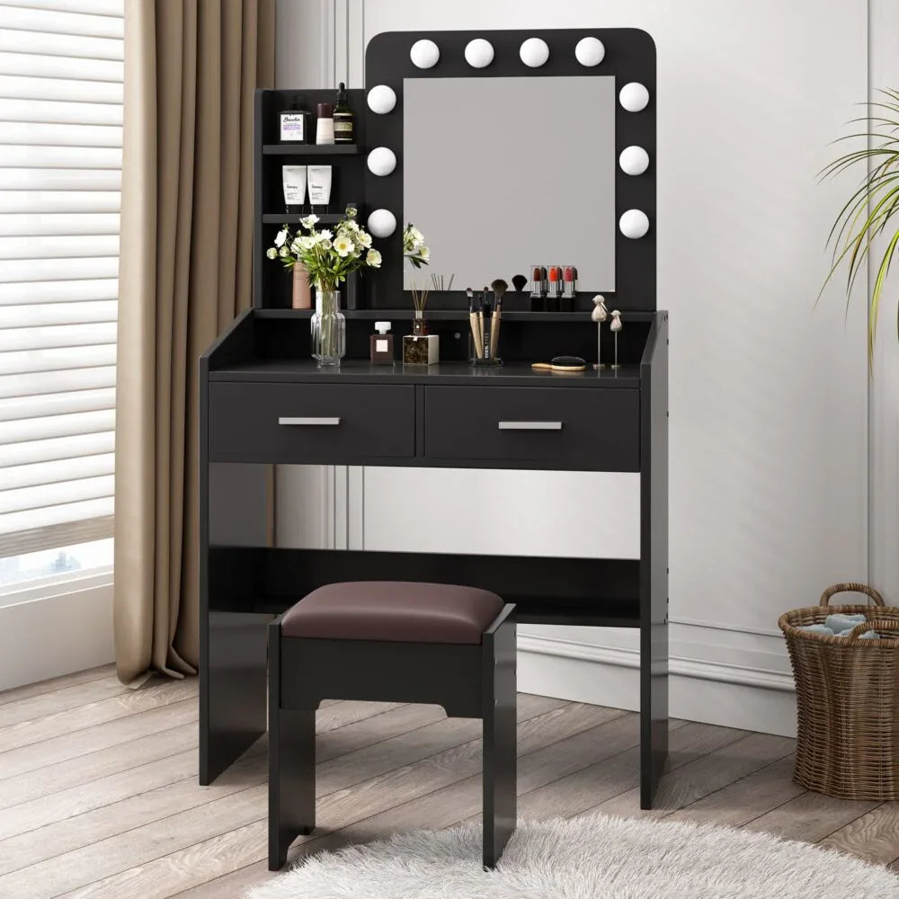 Diana Vanity Set with Shelves Cushioned Stool and Lighted Mirror- Black - Mekamart Australia
