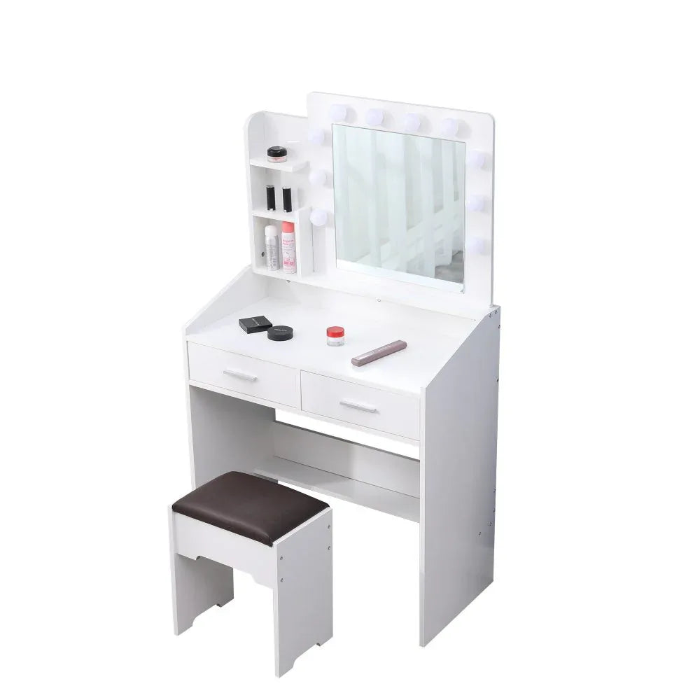 Diana Vanity Set with Shelves Cushioned Stool and Lighted Mirror- White - Mekamart Australia