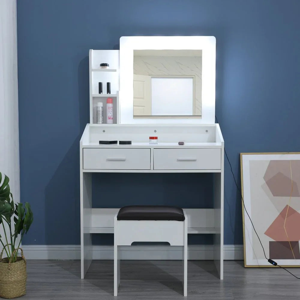 Diana Vanity Set with Shelves Cushioned Stool and Lighted Mirror- White - Mekamart Australia