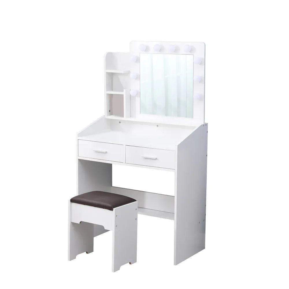 Diana Vanity Set with Shelves Cushioned Stool and Lighted Mirror- White - Mekamart Australia