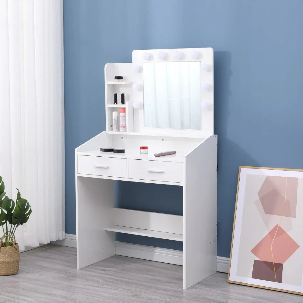 Diana Vanity Set with Shelves Cushioned Stool and Lighted Mirror- White - Mekamart Australia