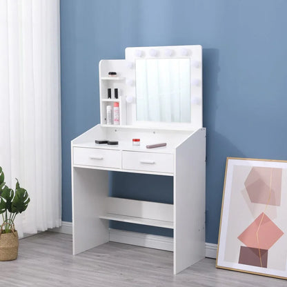 Diana Vanity Set with Shelves Cushioned Stool and Lighted Mirror- White - Mekamart Australia