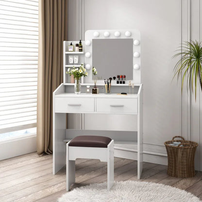 Diana Vanity Set with Shelves Cushioned Stool and Lighted Mirror- White - Mekamart Australia