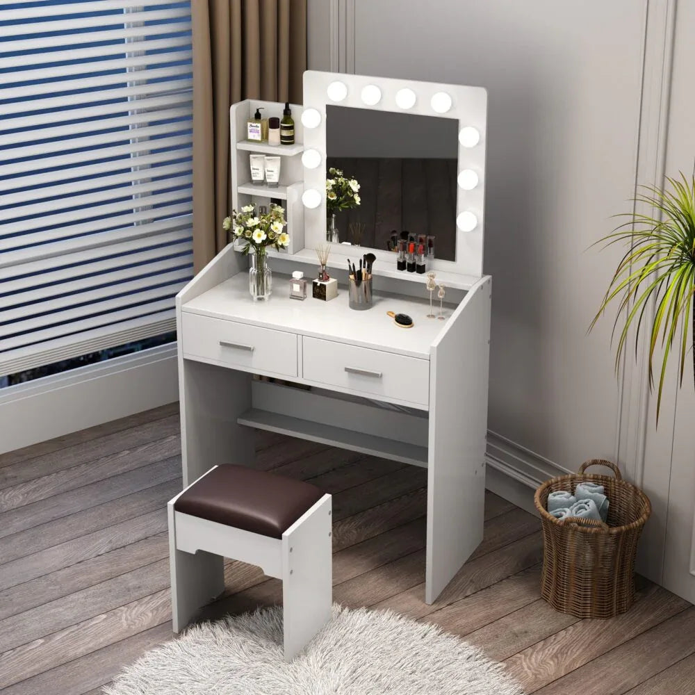 Diana Vanity Set with Shelves Cushioned Stool and Lighted Mirror- White - Mekamart Australia