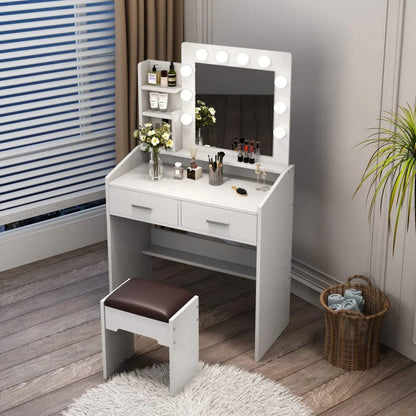 Diana Vanity Set with Shelves Cushioned Stool and Lighted Mirror- White - Mekamart Australia
