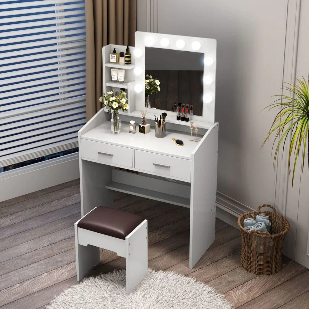 Diana Vanity Set with Shelves Cushioned Stool and Lighted Mirror- White - Mekamart Australia