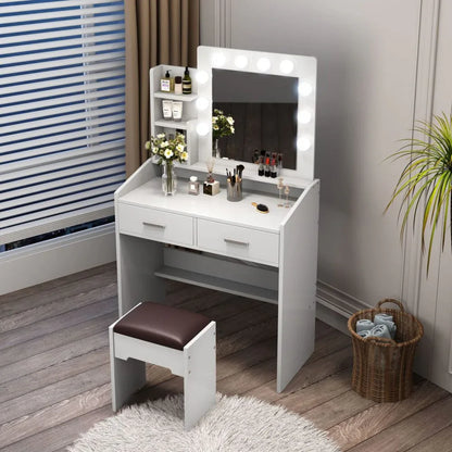 Diana Vanity Set with Shelves Cushioned Stool and Lighted Mirror- White - Mekamart Australia