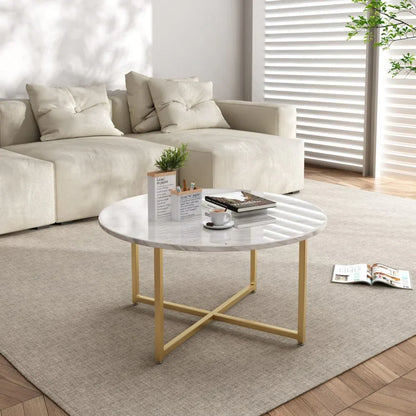 White Marble Effect Round Coffee Table with Gold Legs - Mekamart Australia