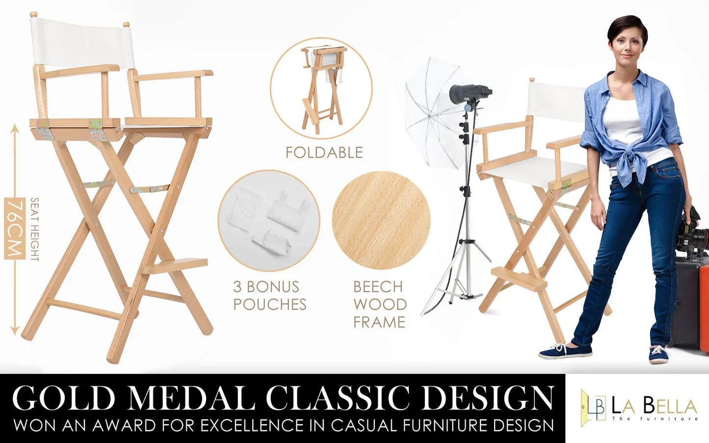Director Movie Folding Tall Chair 76cm Beech WOOD HUMOR - Mekamart Australia