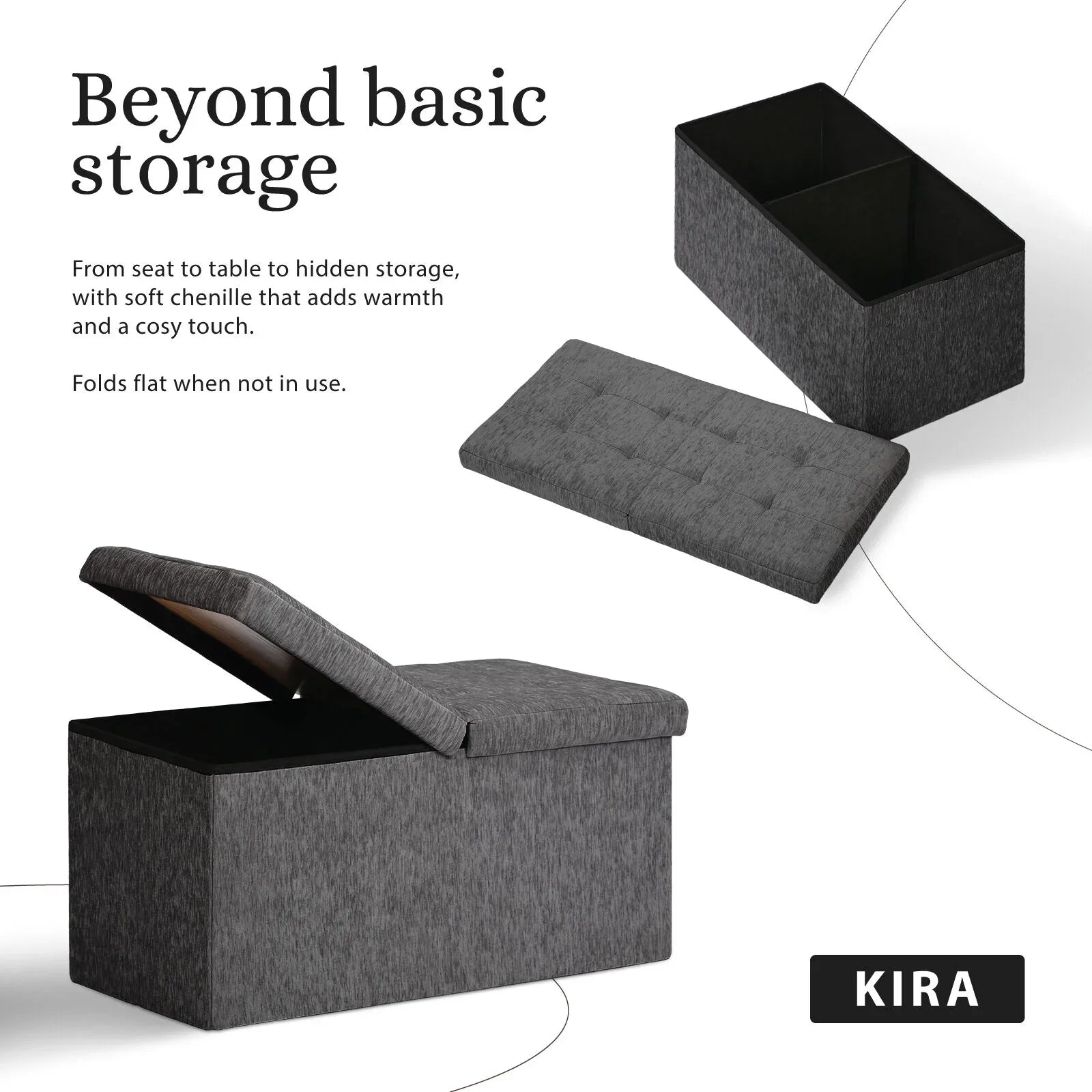 Foldable Storage Ottoman - Flip Lid Side Table Toy Blanket Organiser Seat KIRA BLACK - Mekamart Australia