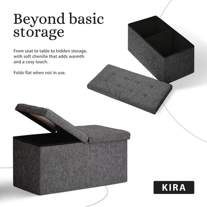 Foldable Storage Ottoman - Flip Lid Side Table Toy Blanket Organiser Seat KIRA BLACK - Mekamart Australia