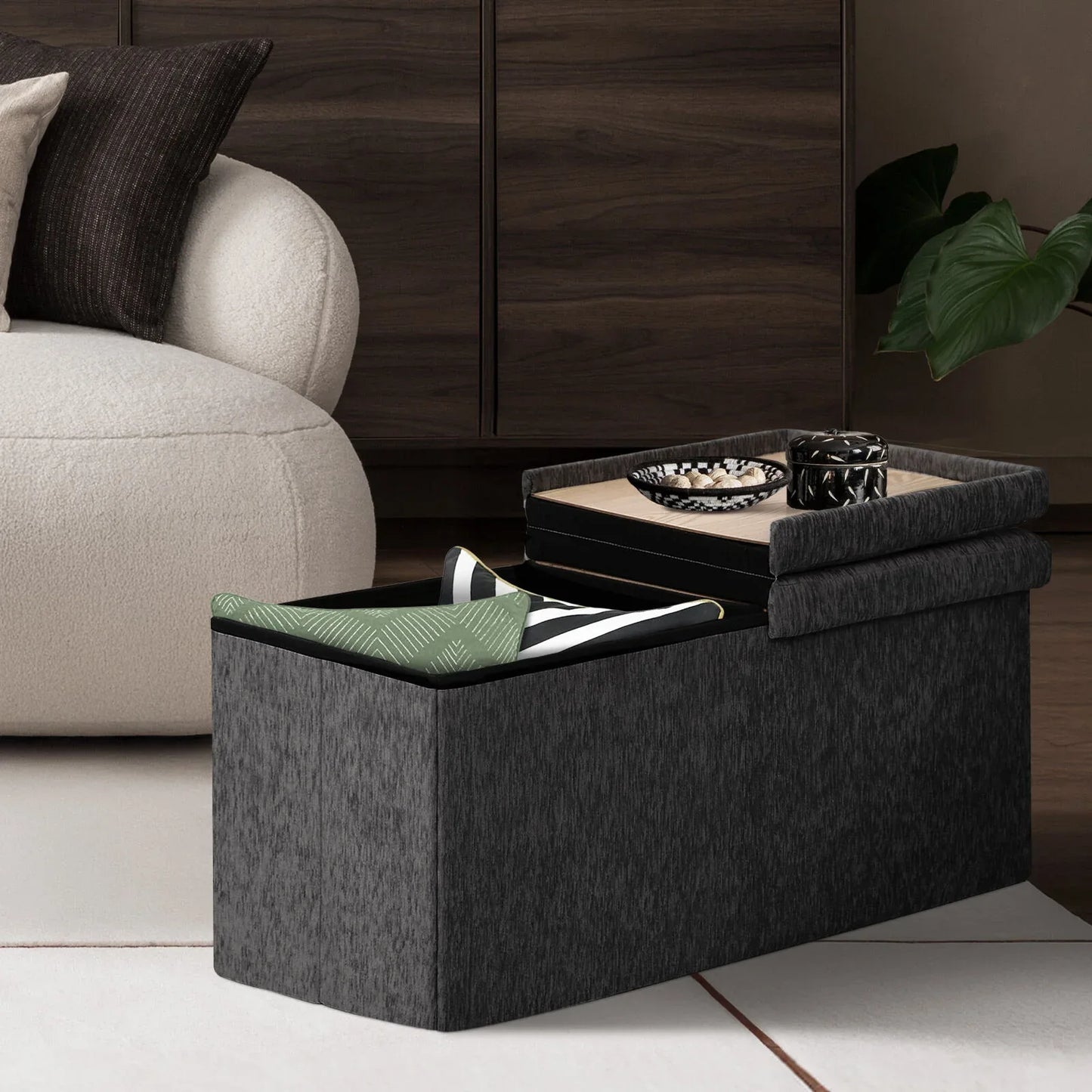 Foldable Storage Ottoman - Flip Lid Side Table Toy Blanket Organiser Seat KIRA BLACK - Mekamart Australia