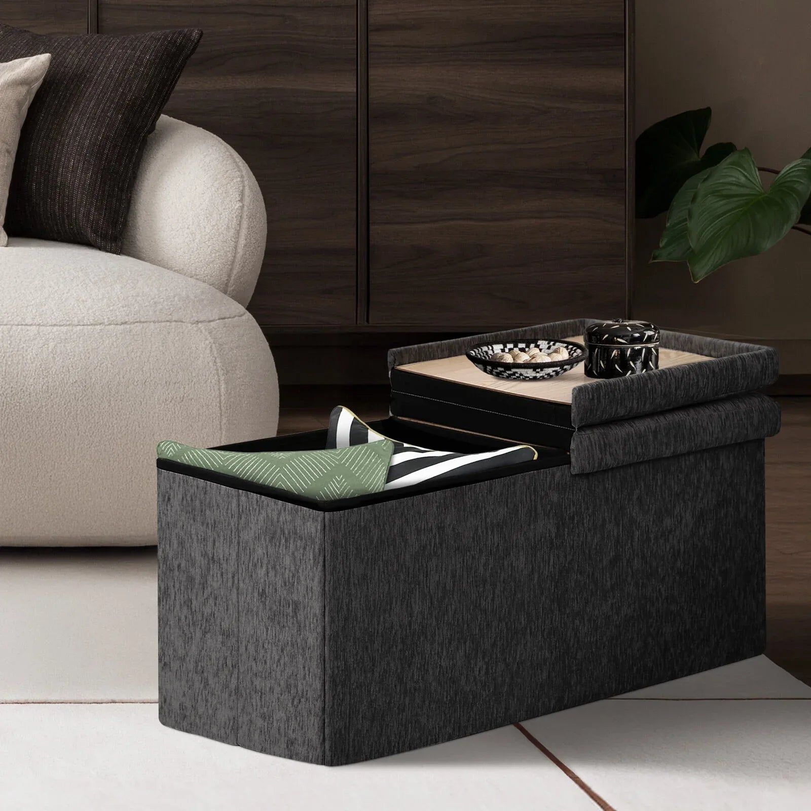 Foldable Storage Ottoman - Flip Lid Side Table Toy Blanket Organiser Seat KIRA BLACK - Mekamart Australia
