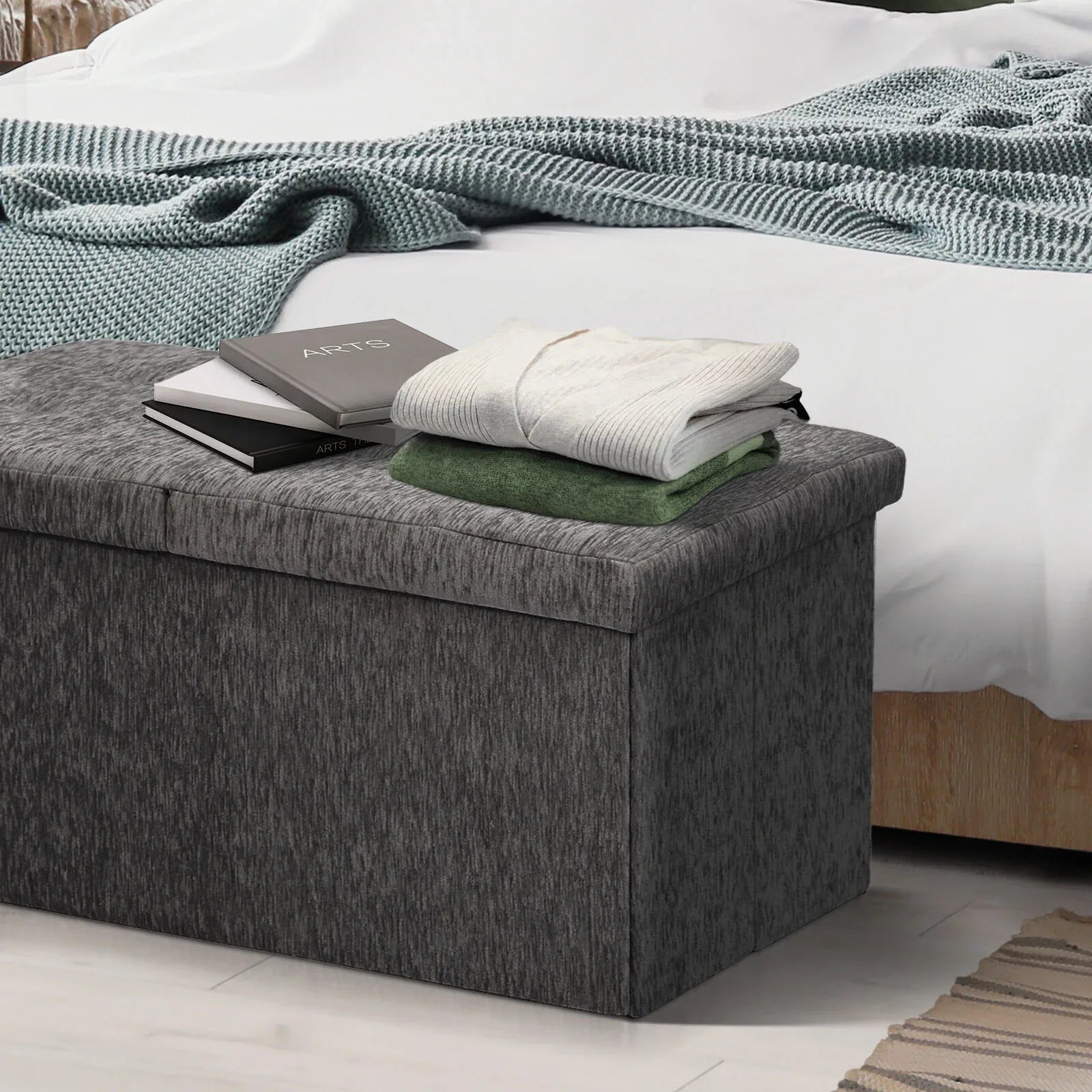 Foldable Storage Ottoman - Flip Lid Side Table Toy Blanket Organiser Seat KIRA BLACK - Mekamart Australia
