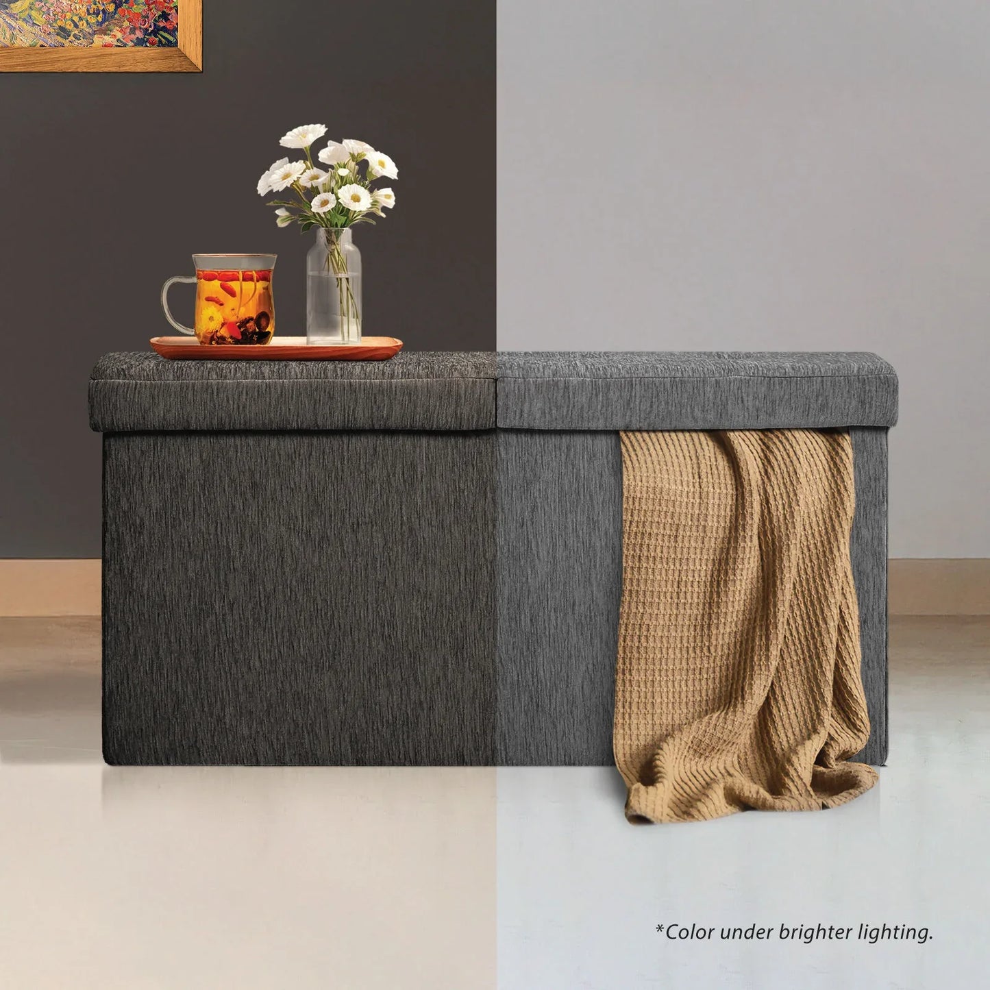 Foldable Storage Ottoman - Flip Lid Side Table Toy Blanket Organiser Seat KIRA BLACK - Mekamart Australia