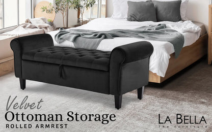 Storage Ottoman Stool Arm Bench Seat 132cm Velvet BLACK - Mekamart Australia