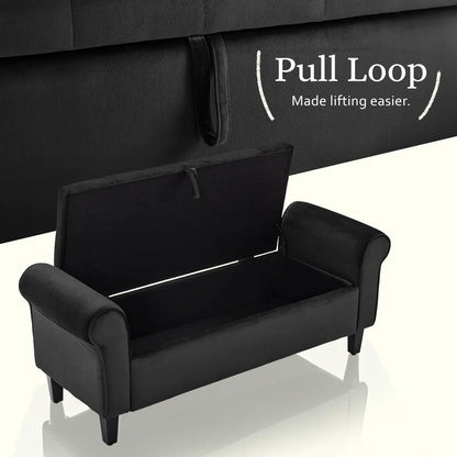 Storage Ottoman Stool Arm Bench Seat 132cm Velvet BLACK - Mekamart Australia