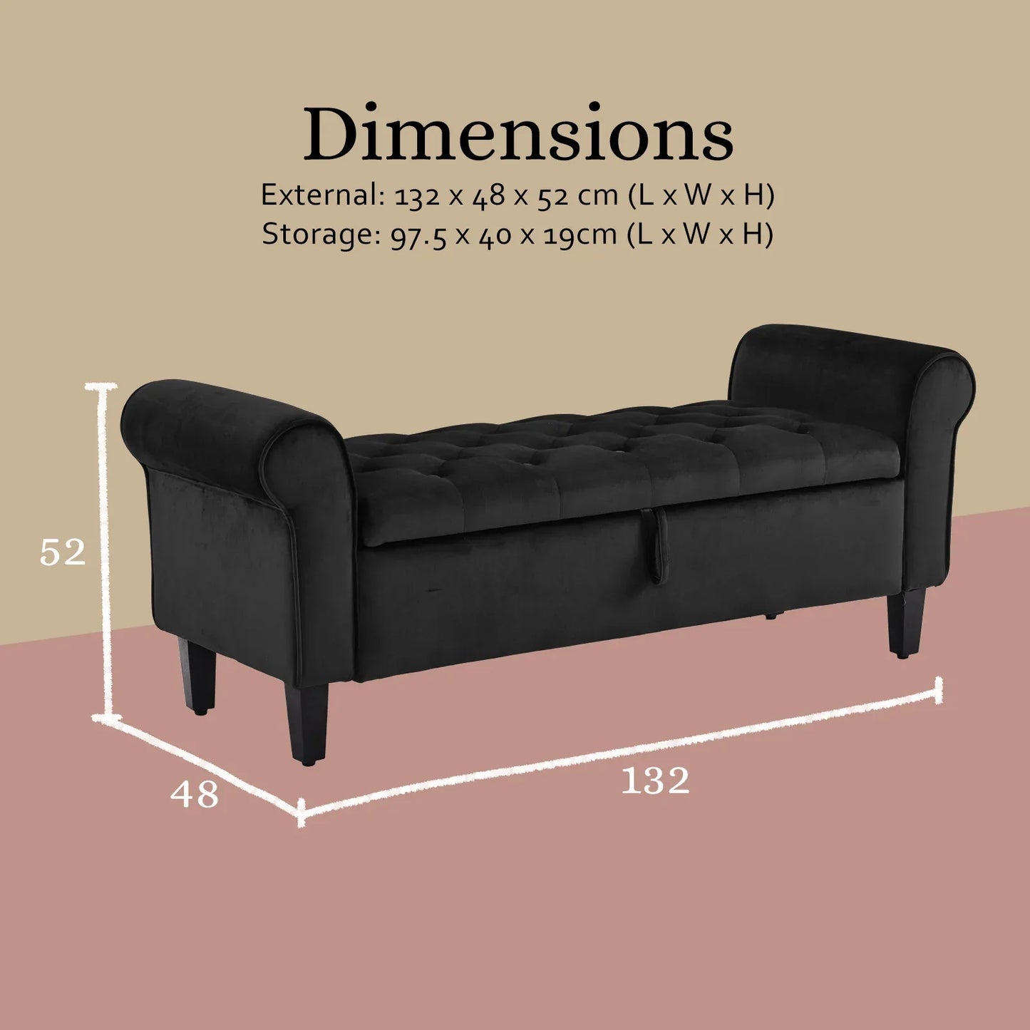 Storage Ottoman Stool Arm Bench Seat 132cm Velvet BLACK - Mekamart Australia
