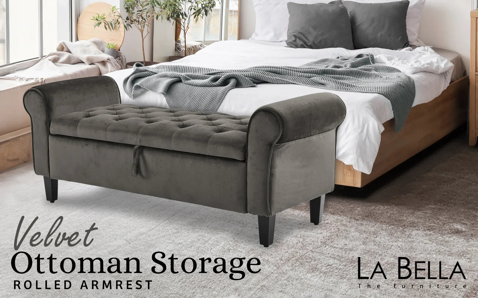 Storage Ottoman Stool Arm Bench Seat 132cm Velvet GREY - Mekamart Australia