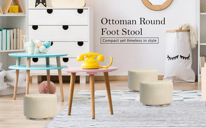 2X Fabric Ottoman Round Wooden Leg Foot Stool - BEIGE - Mekamart Australia