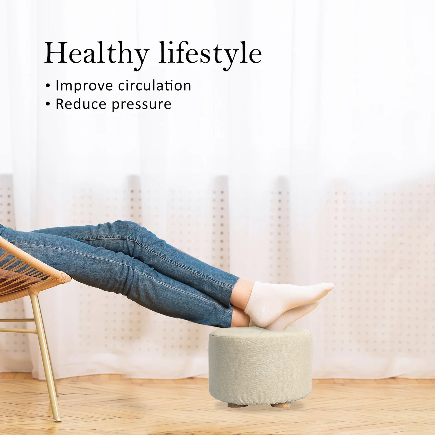 2X Fabric Ottoman Round Wooden Leg Foot Stool - BEIGE - Mekamart Australia