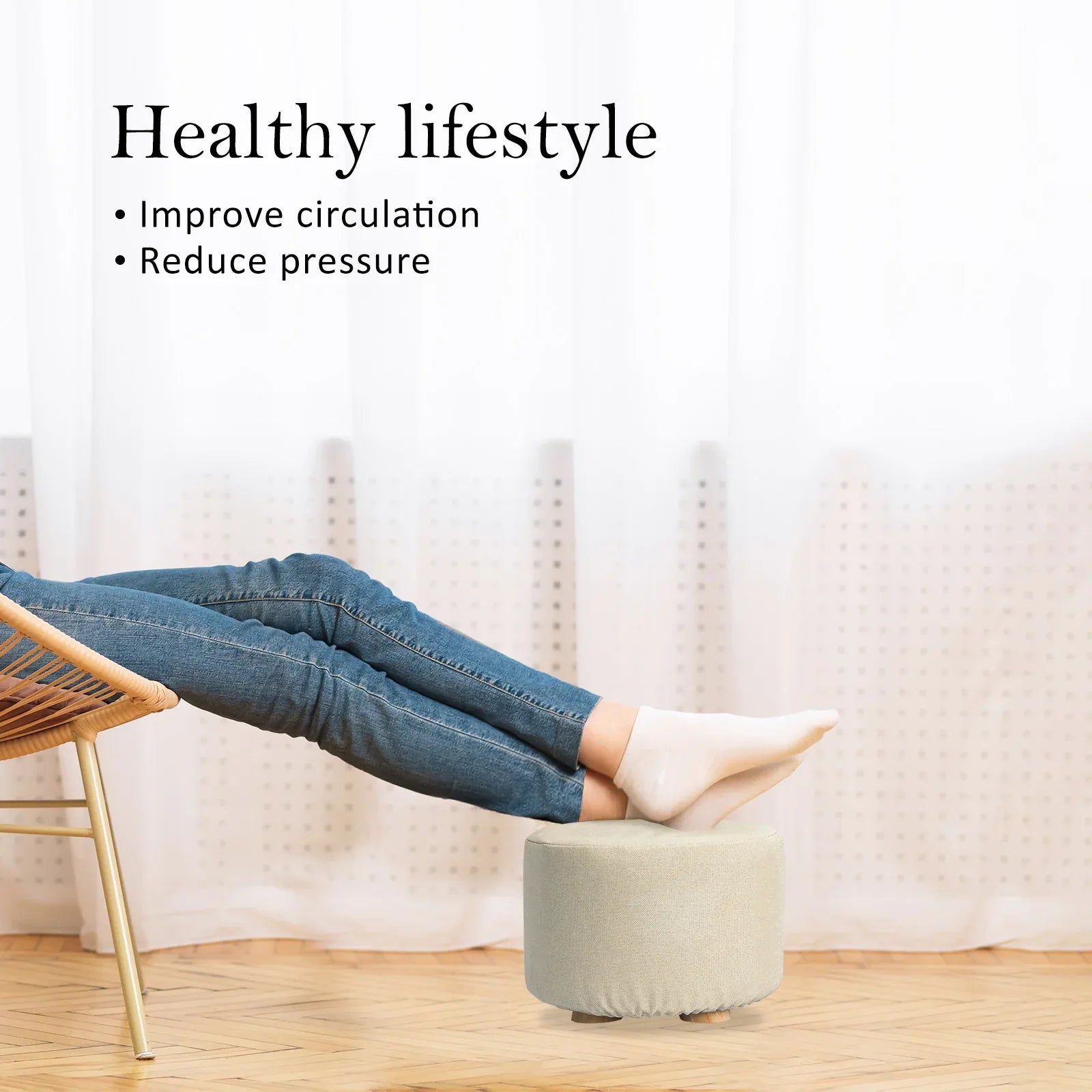2X Fabric Ottoman Round Wooden Leg Foot Stool - BEIGE - Mekamart Australia
