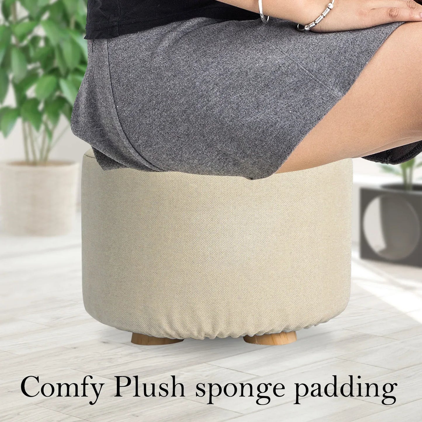 2X Fabric Ottoman Round Wooden Leg Foot Stool - BEIGE - Mekamart Australia
