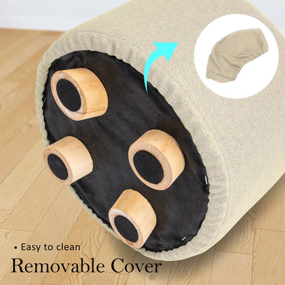 2X Fabric Ottoman Round Wooden Leg Foot Stool - BEIGE - Mekamart Australia