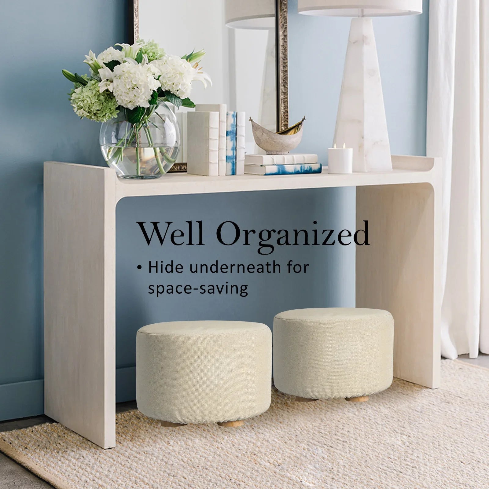 2X Fabric Ottoman Round Wooden Leg Foot Stool - BEIGE - Mekamart Australia