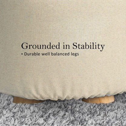 2X Fabric Ottoman Round Wooden Leg Foot Stool - BEIGE - Mekamart Australia