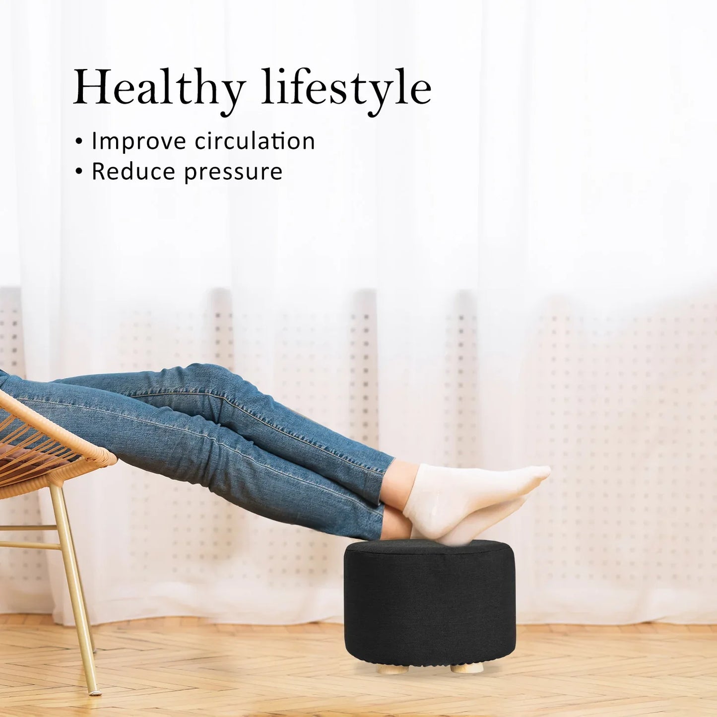 Fabric Ottoman Round Wooden Leg Foot Stool - BLACK - Mekamart Australia