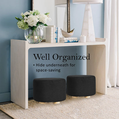 Fabric Ottoman Round Wooden Leg Foot Stool - BLACK - Mekamart Australia