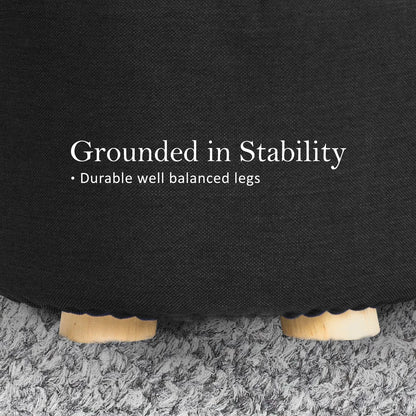 Fabric Ottoman Round Wooden Leg Foot Stool - BLACK - Mekamart Australia