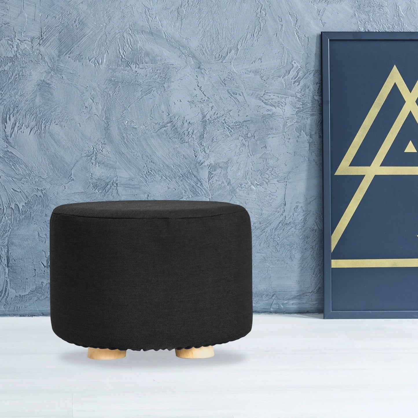 Fabric Ottoman Round Wooden Leg Foot Stool - BLACK - Mekamart Australia