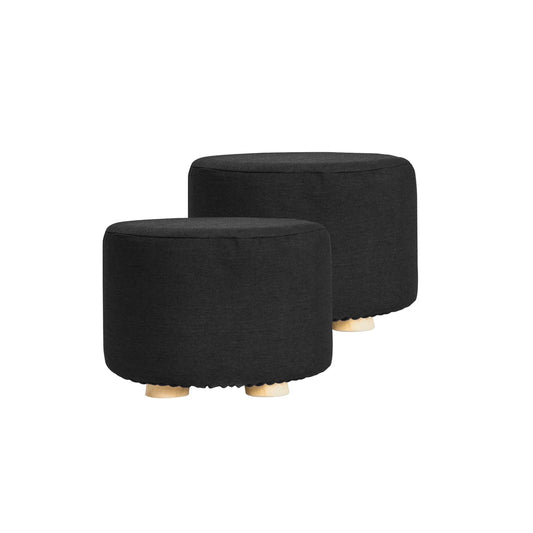 2X Fabric Ottoman Round Wooden Leg Foot Stool - BLACK - Mekamart Australia