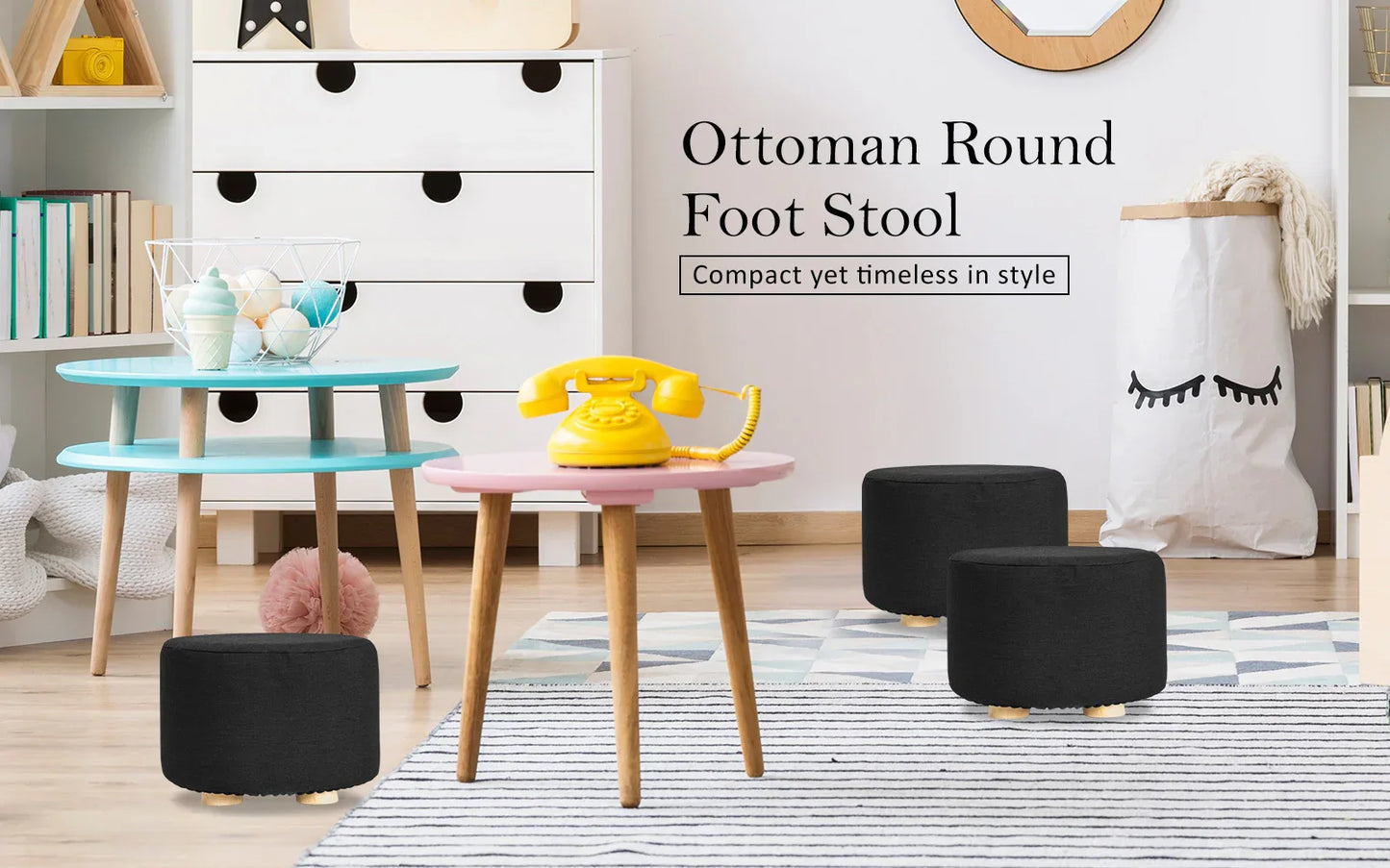 2X Fabric Ottoman Round Wooden Leg Foot Stool - BLACK - Mekamart Australia